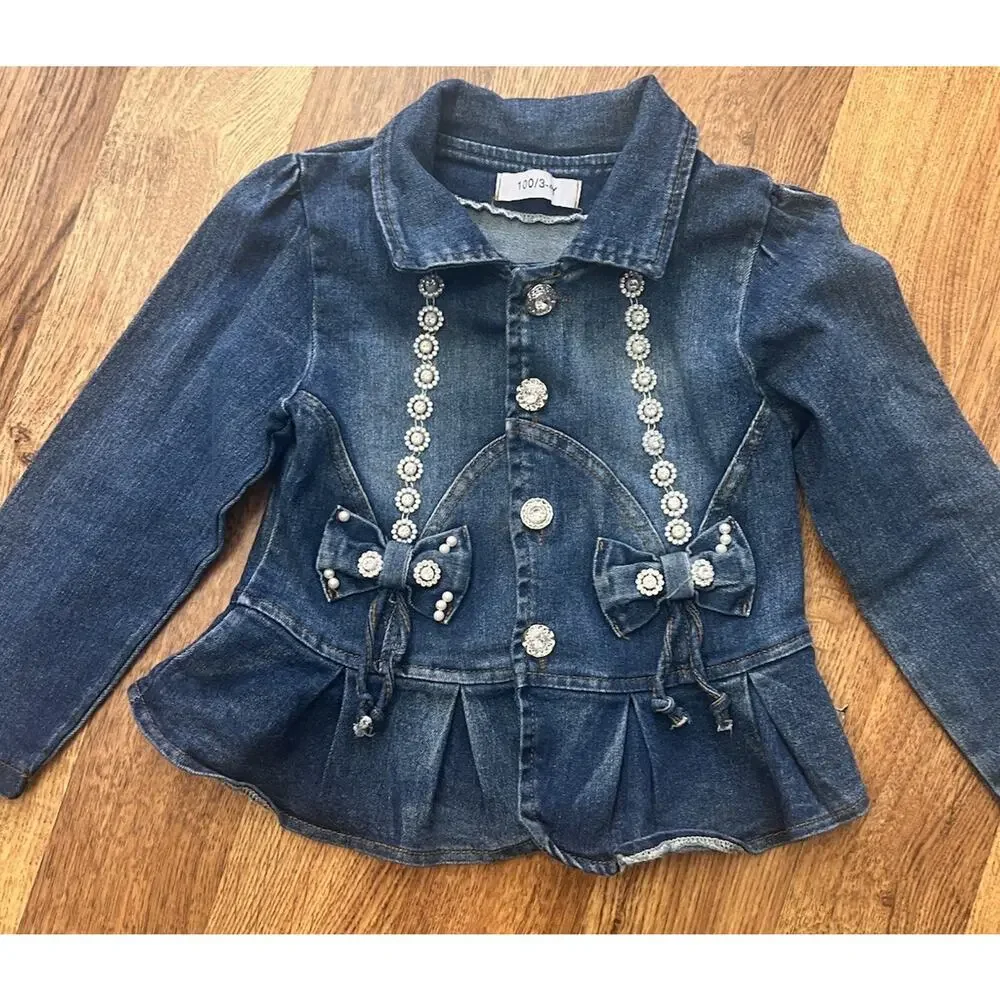Peacolate Denim Jacket Rhinestone Buttons Ruffle Size 3-4 Girls Lightweight